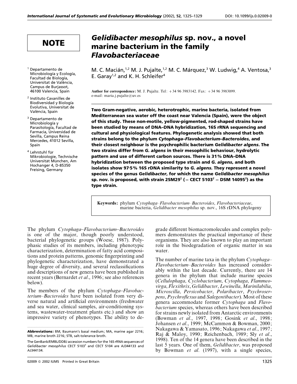 Gelidibacter Mesophilus Sp. Nov., a Novel Marine Bacterium in The