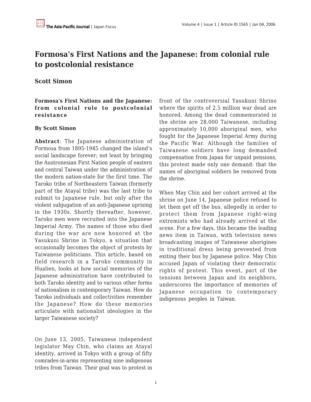 Formosa's First Nations and the Japanese: from Colonial Rule to Postcolonial Resistance