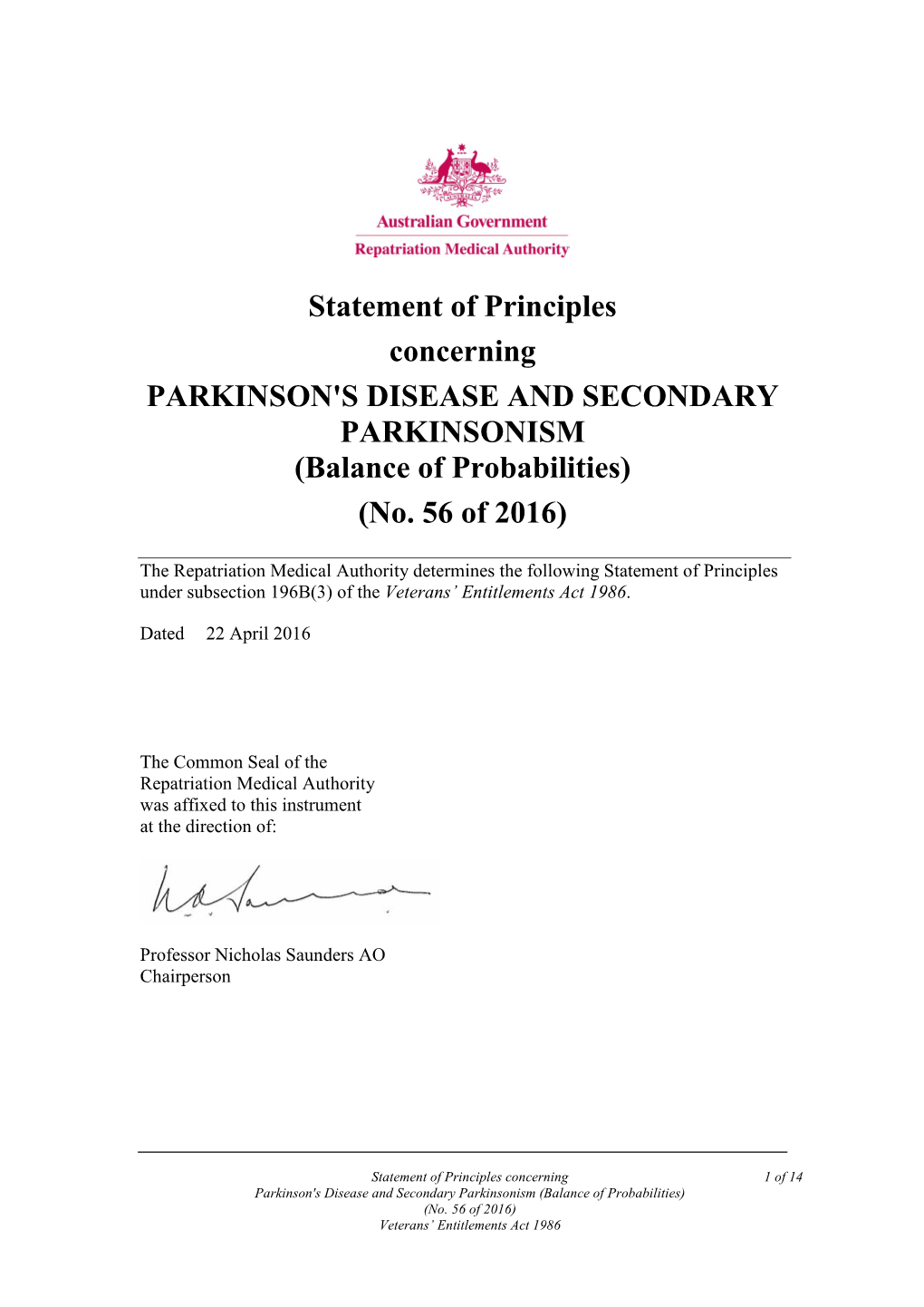 Statement of Principles Concerning PARKINSON's DISEASE and SECONDARY PARKINSONISM (Balance of Probabilities) (No