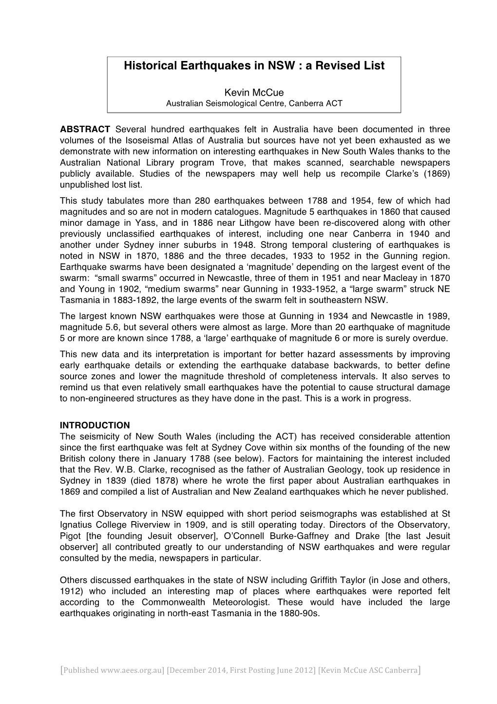 Historical Earthquakes in NSW : a Revised List