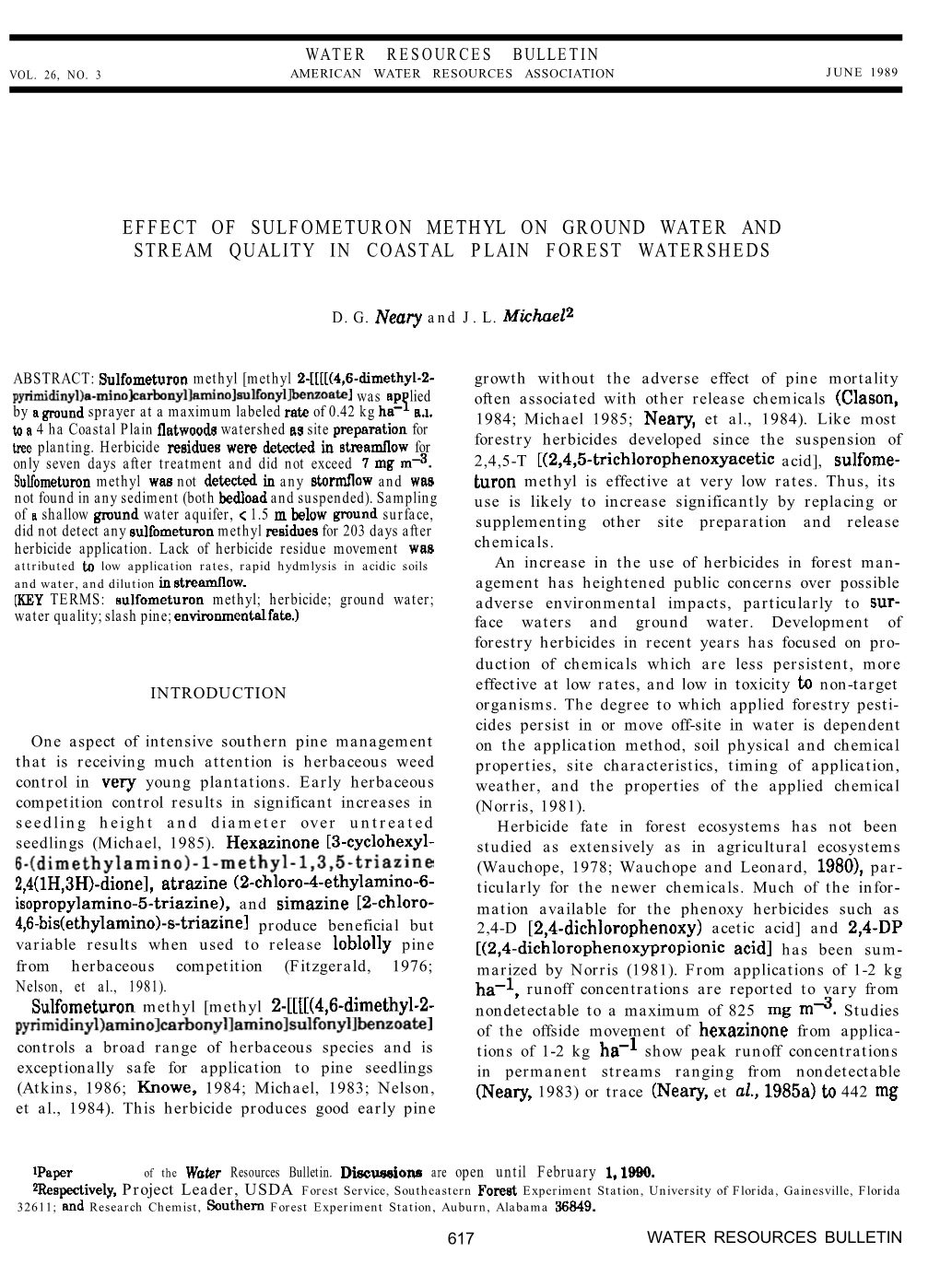 Effect of Sulfometuron Methyl on Ground Water and Stream Quality in Coastal Plain Forest Watersheds