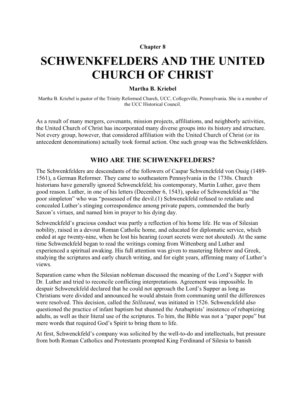 Schwenkfelders and the United Church of Christ