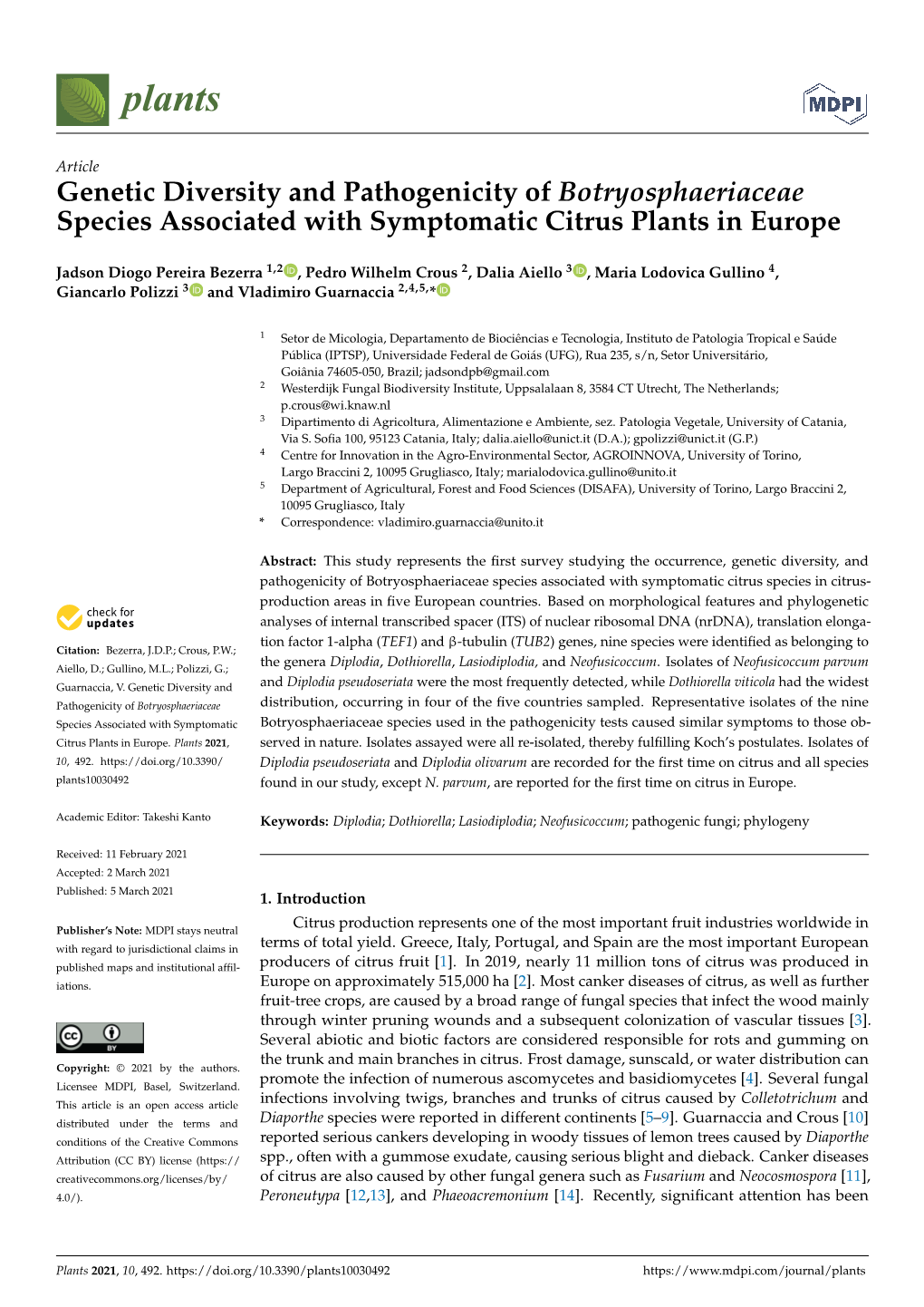 Genetic Diversity and Pathogenicity of Botryosphaeriaceae Species Associated with Symptomatic Citrus Plants in Europe