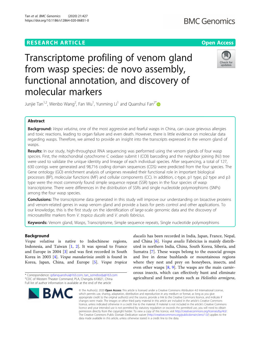 Transcriptome Profiling of Venom Gland from Wasp Species