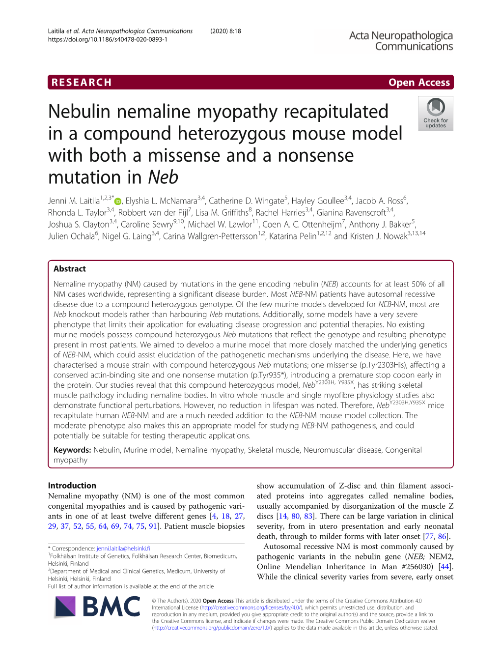 Nebulin Nemaline Myopathy Recapitulated in a Compound Heterozygous Mouse Model with Both a Missense and a Nonsense Mutation in Neb Jenni M