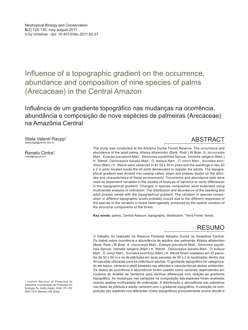 Influence of a Topographic Gradient on the Occurrence, Abundance and Composition of Nine Species of Palms (Arecaceae) in the Central Amazon