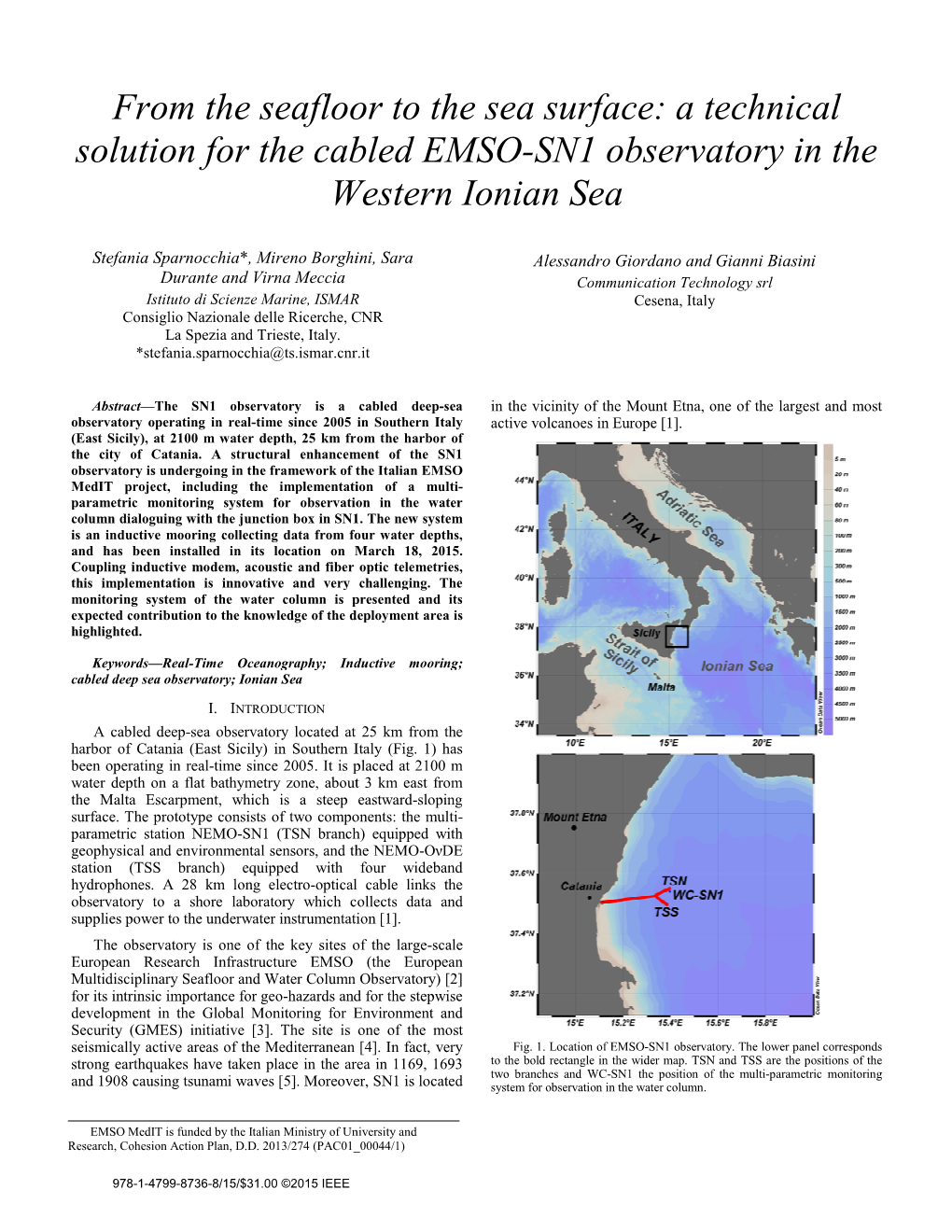 From the Seafloor to the Sea Surface: a Technical Solution for the Cabled EMSO-SN1 Observatory in the Western Ionian Sea