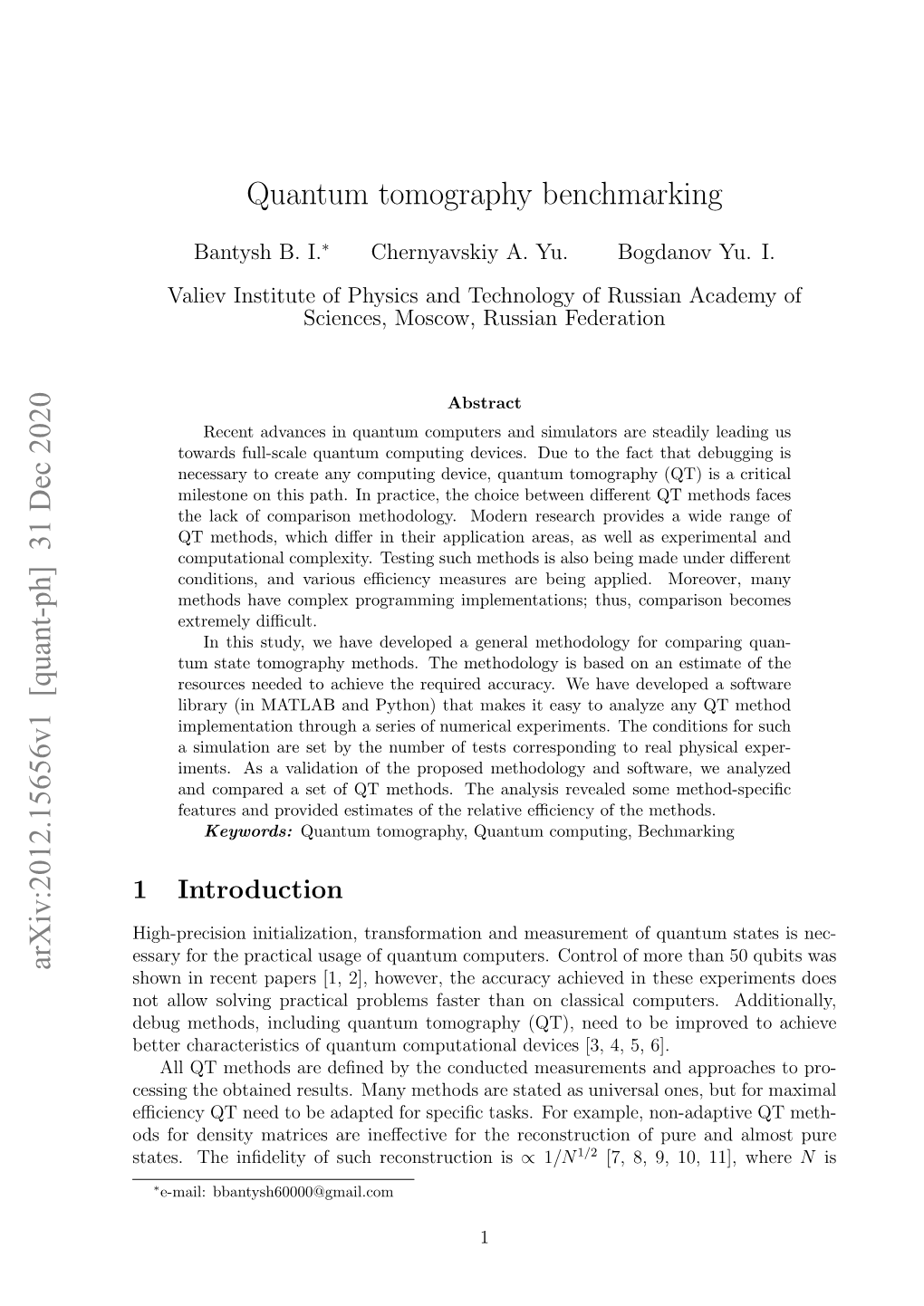 Quantum Tomography Benchmarking Arxiv:2012.15656V1 [Quant-Ph] 31