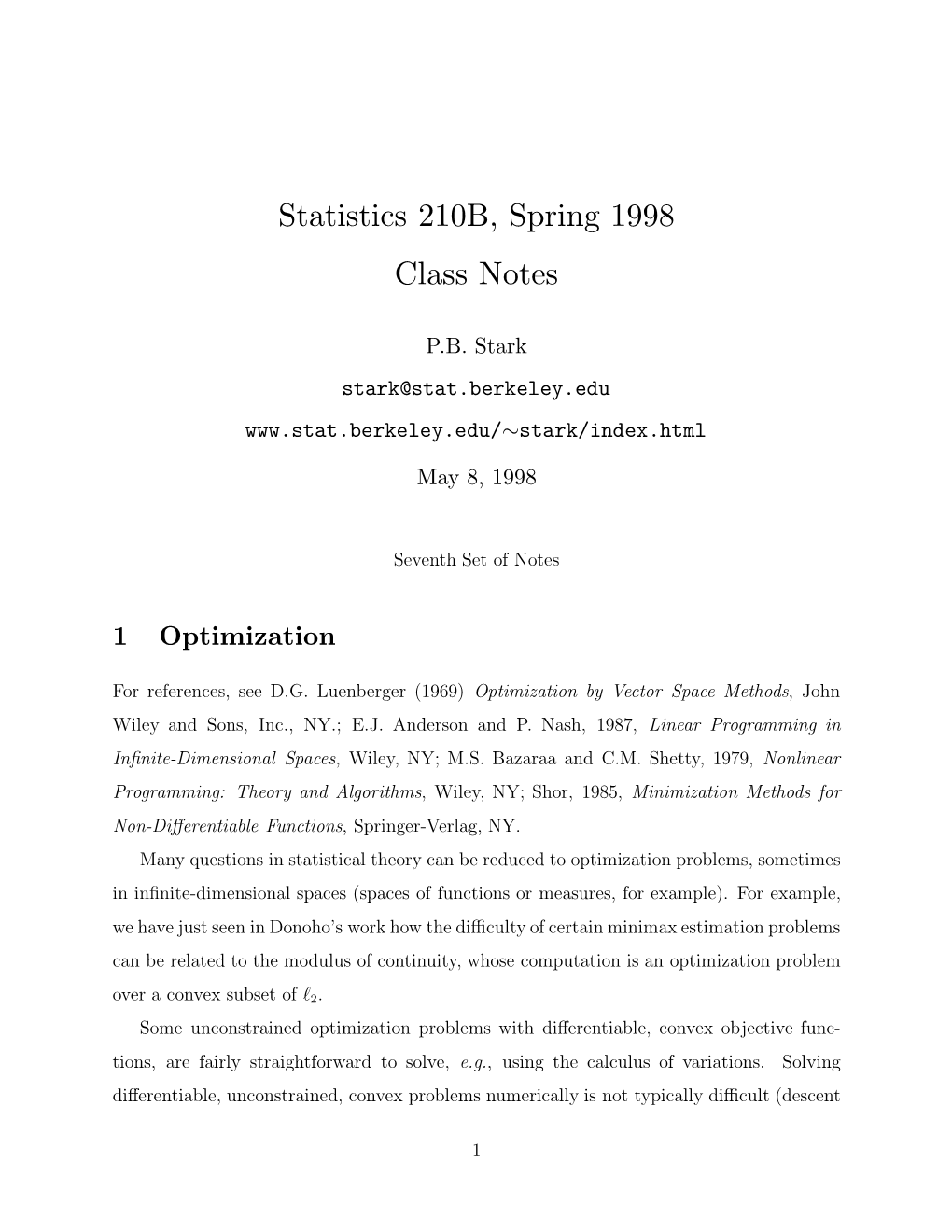 Statistics 210B, Spring 1998 Class Notes