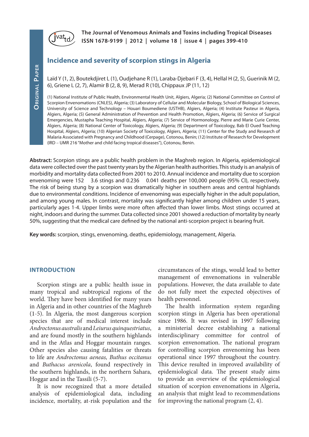 Incidence and Severity of Scorpion Stings in Algeria