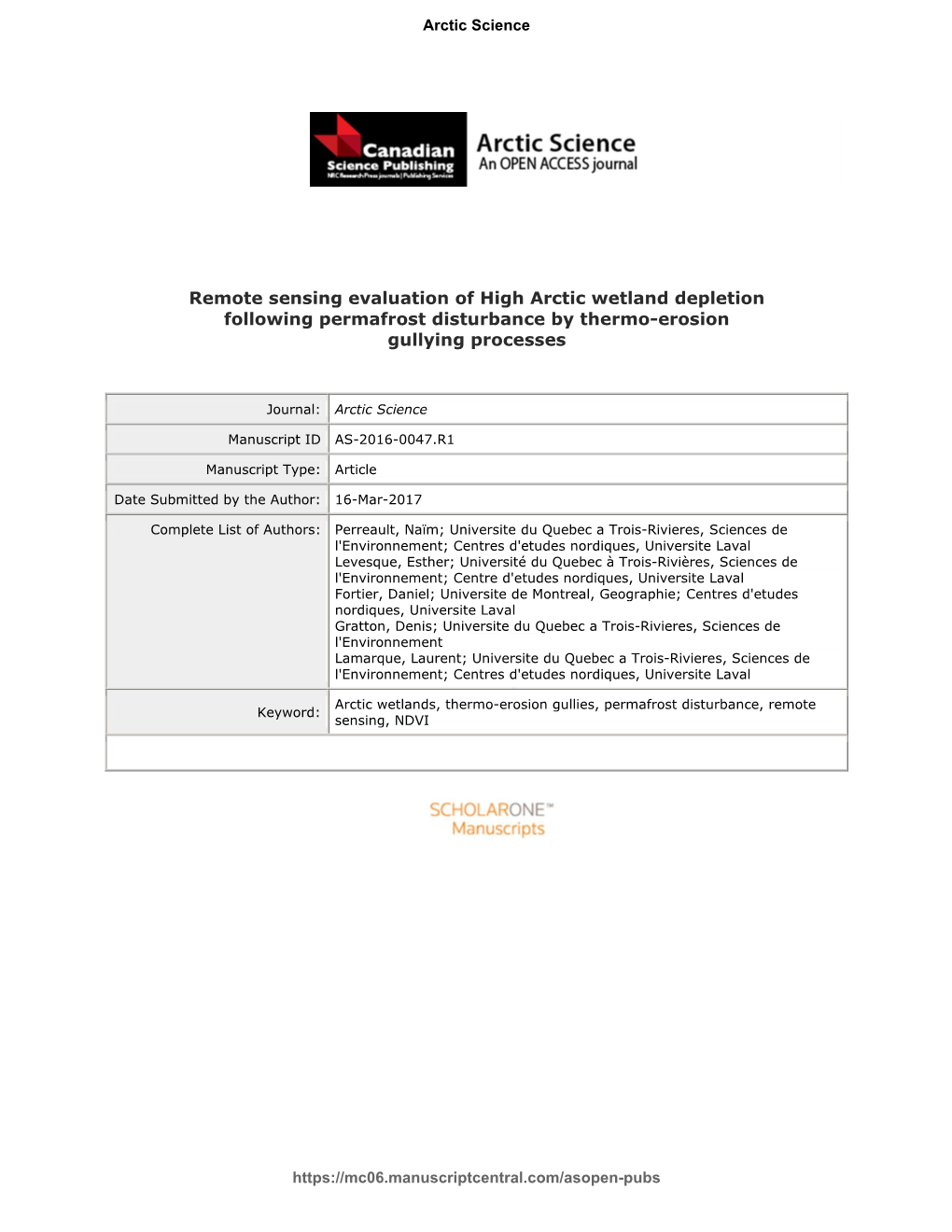 Remote Sensing Evaluation of High Arctic Wetland Depletion Following Permafrost Disturbance by Thermo-Erosion Gullying Processes