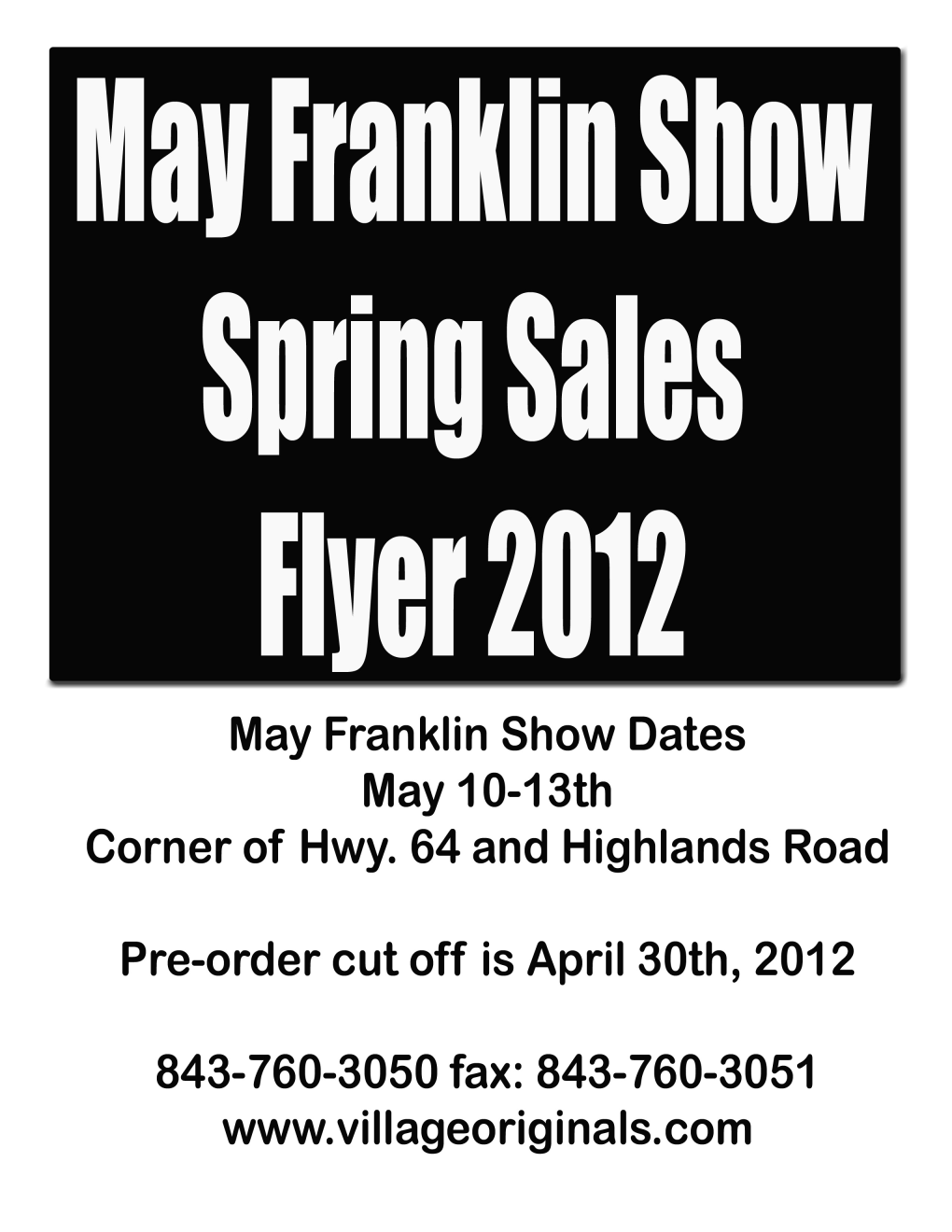 Village Originals, Inc. Spring Flyer Effective 04/02/12 – 04/30/12