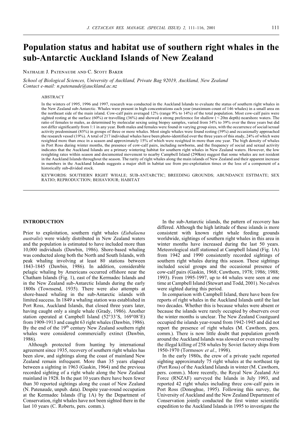 Population Status and Habitat Use of Southern Right Whales in the Sub-Antarctic Auckland Islands of New Zealand