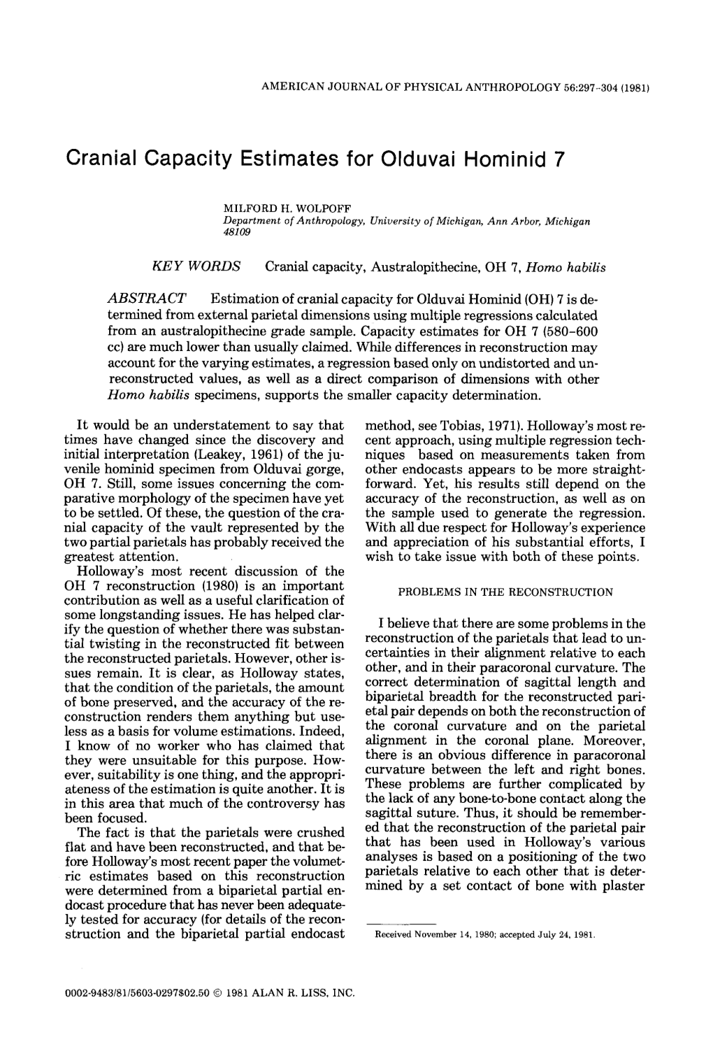 Cranial Capacity Estimates for Olduvai Hominid 7