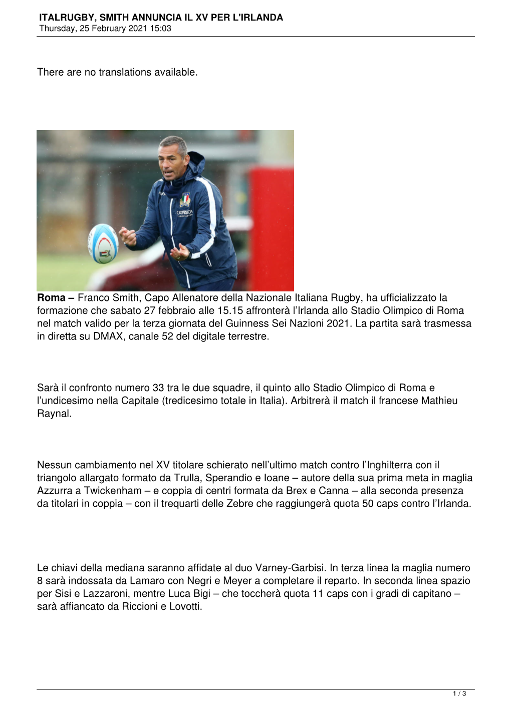 ITALRUGBY, SMITH ANNUNCIA IL XV PER L'irlanda Thursday, 25 February 2021 15:03