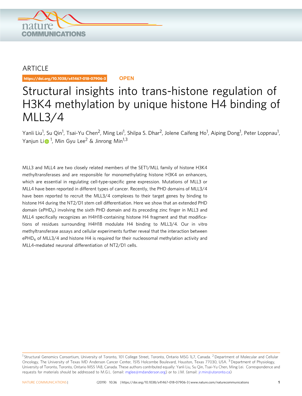 Structural Insights Into Trans-Histone Regulation of H3K4 Methylation by Unique Histone H4 Binding of MLL3/4