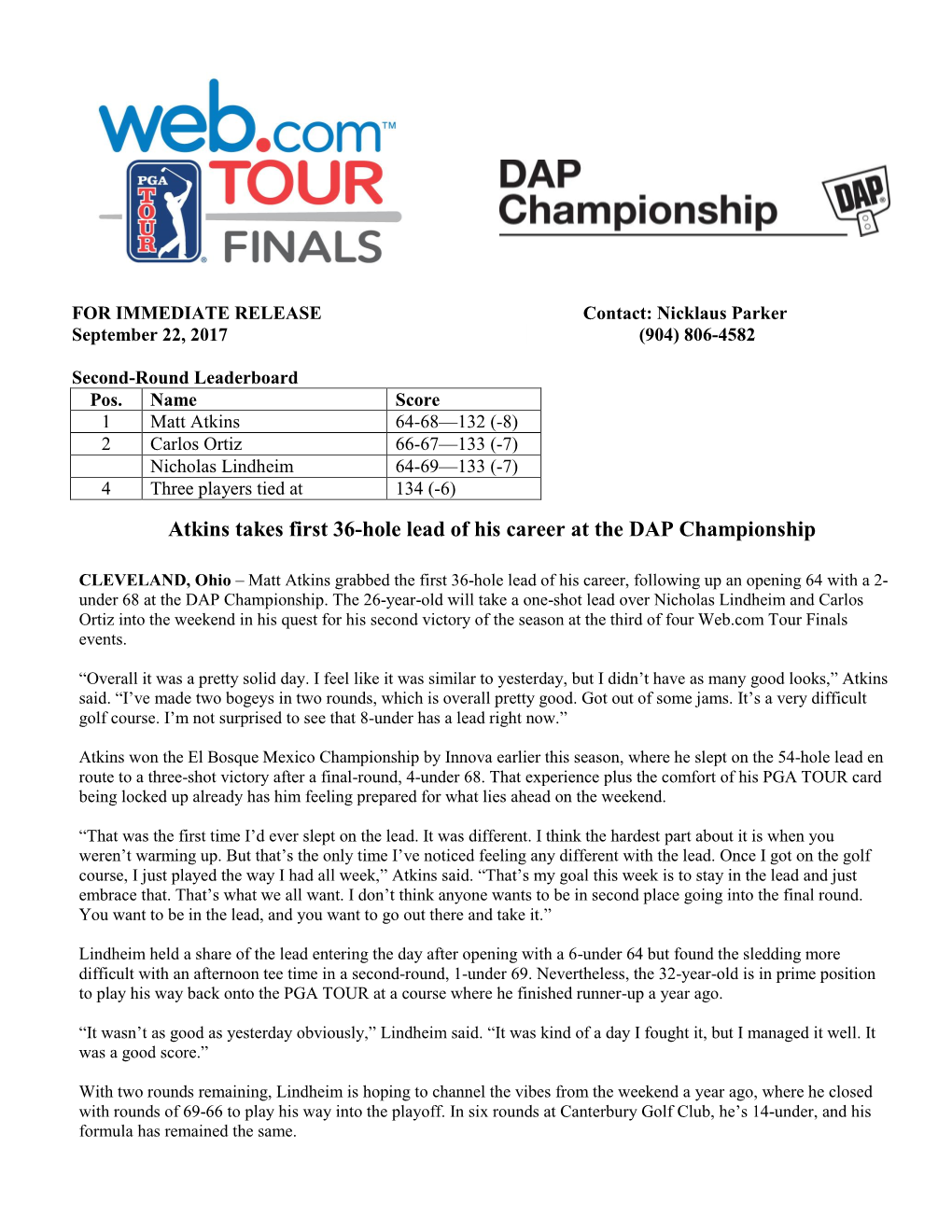 Atkins Takes First 36-Hole Lead of His Career at the DAP Championship