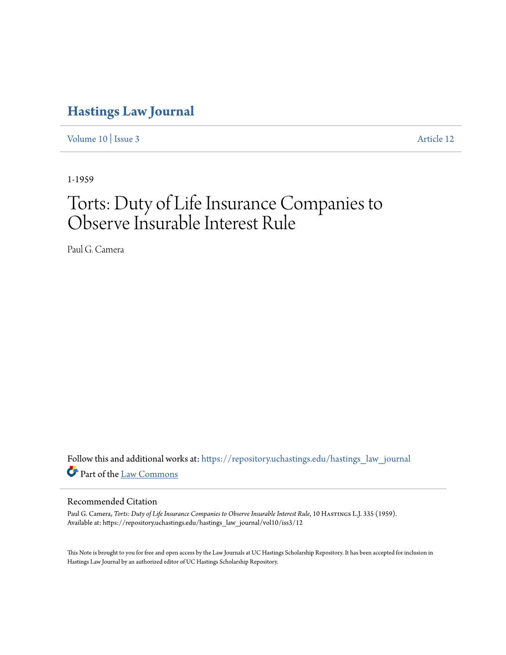 Torts: Duty of Life Insurance Companies to Observe Insurable Interest Rule Paul G