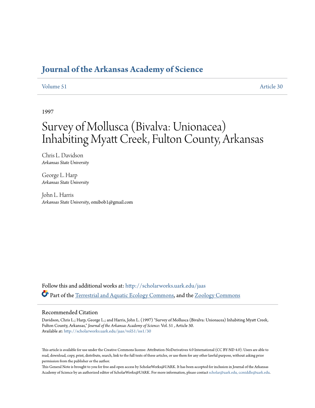 Survey of Mollusca (Bivalva: Unionacea) Inhabiting Myatt Creek