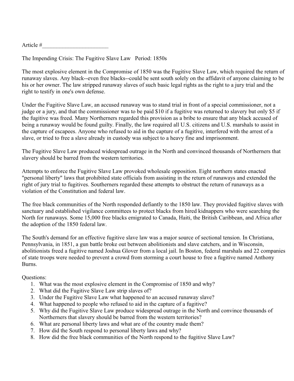 The Impending Crisis: the Fugitive Slave Law Period: 1850S