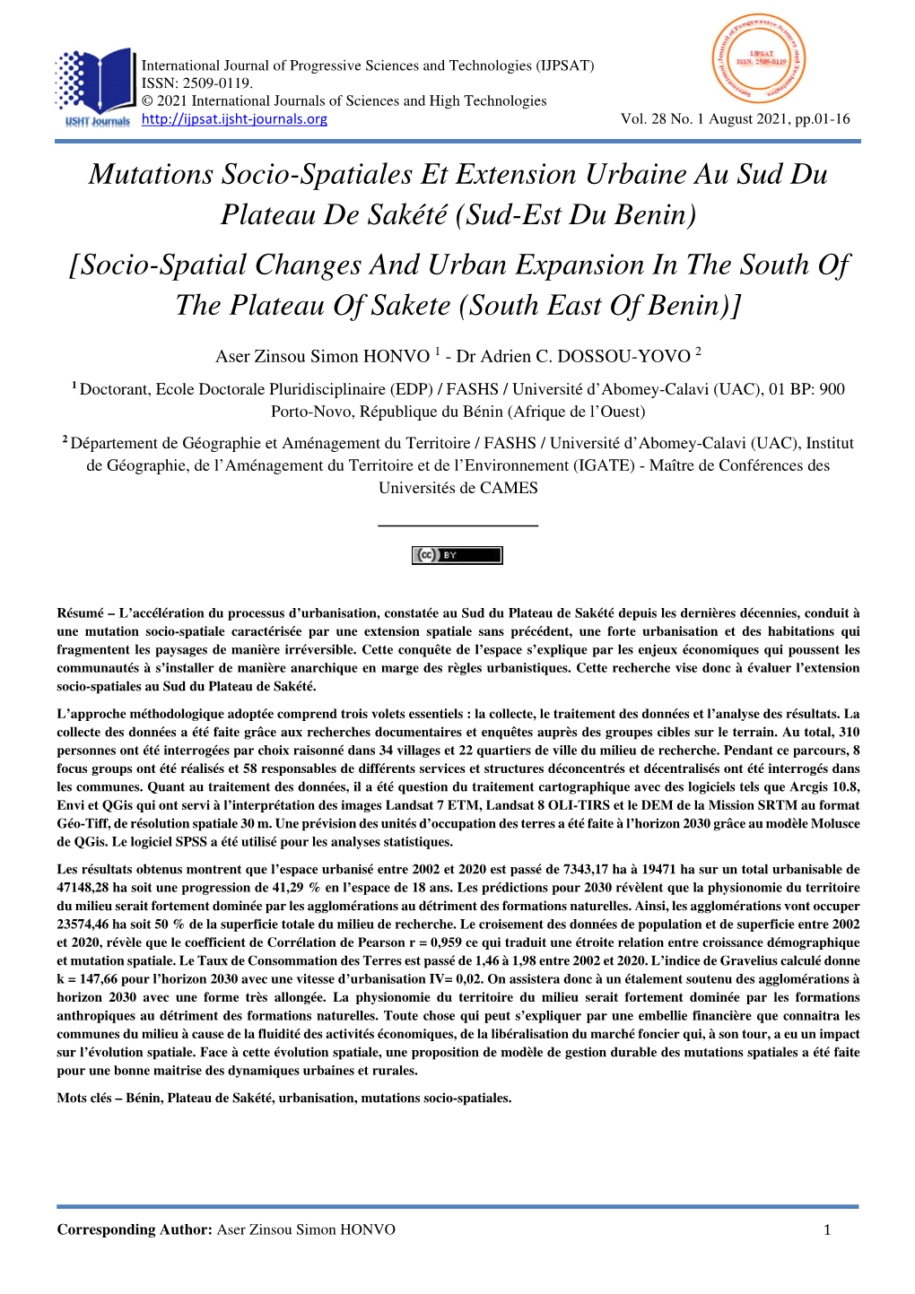 (Sud-Est Du Benin) [Socio-Spatial Changes and Urban Expansion in the South of the Plateau of Sakete (South East of Benin)]