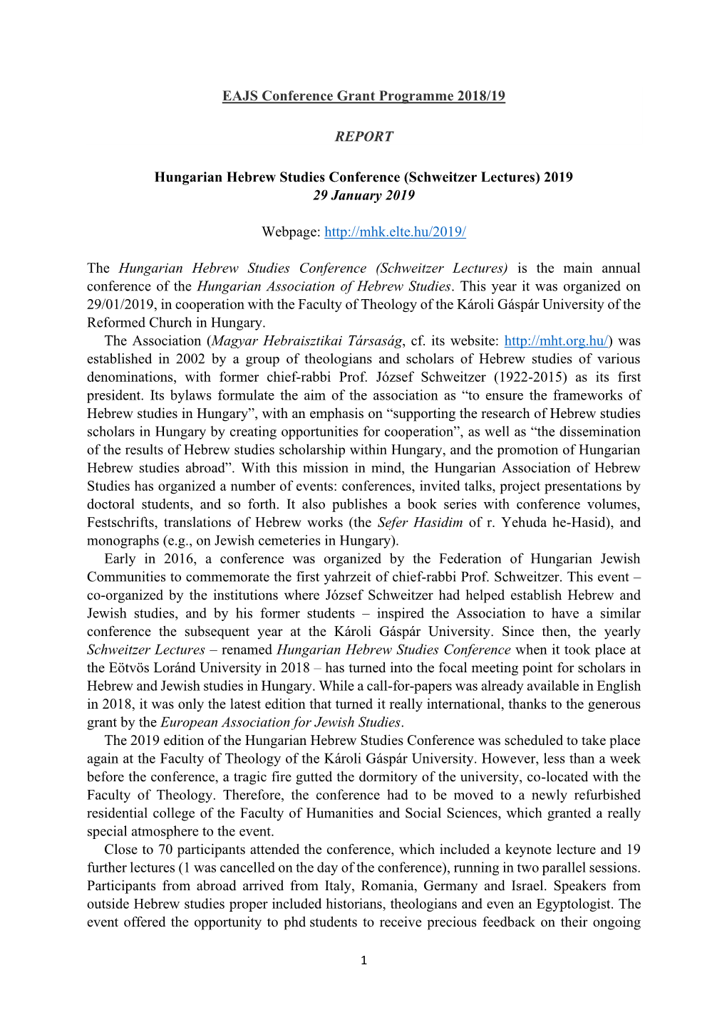 Hungarian Hebrew Studies Conference (Schweitzer Lectures) 2019 29 January 2019