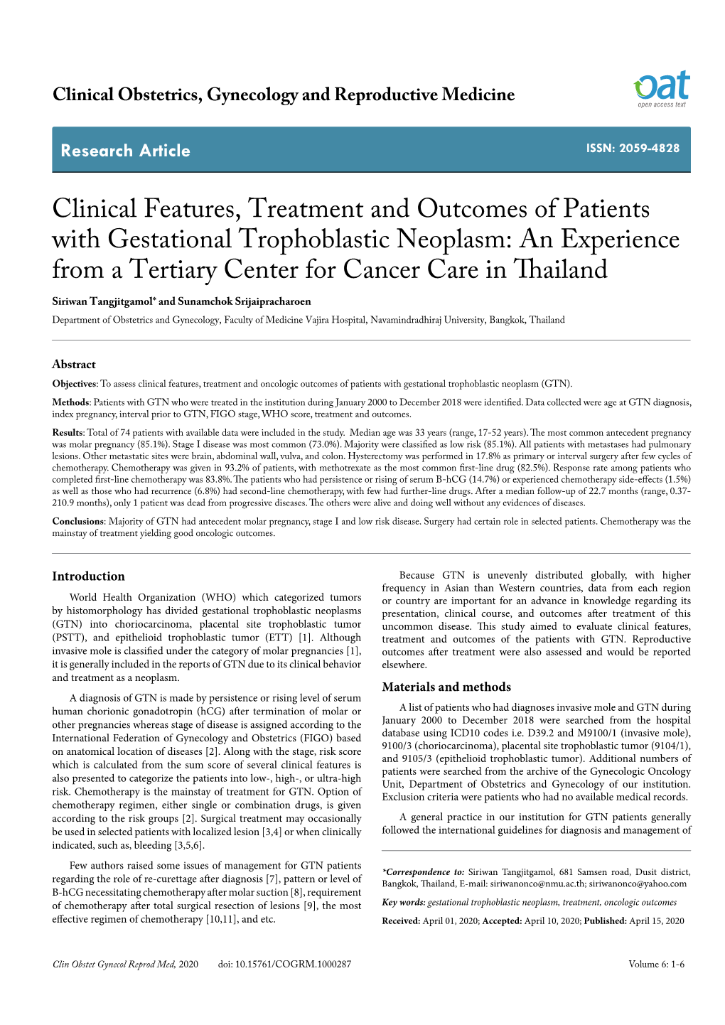 Clinical Features, Treatment and Outcomes of Patients With