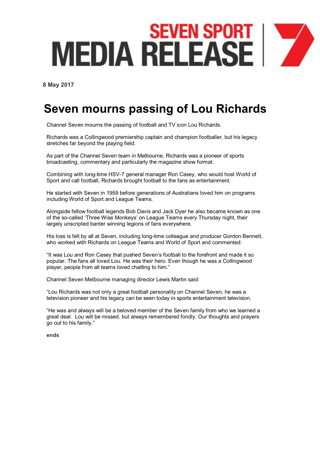 Seven Mourns Passing of Lou Richards