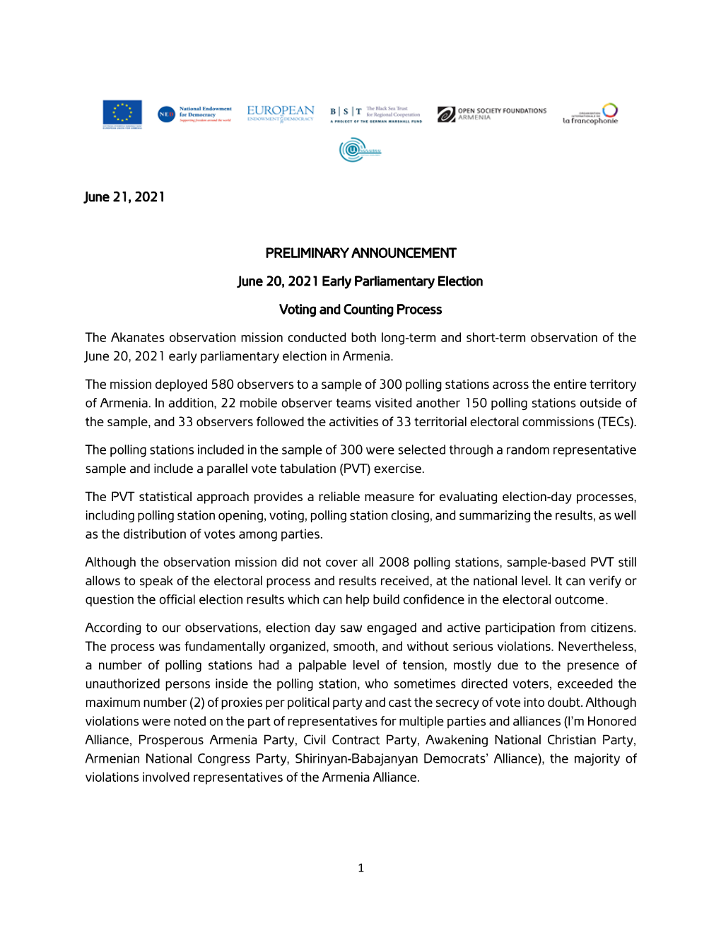 Preliminary Statement on June 20, 2021 Early Parliamentary Election