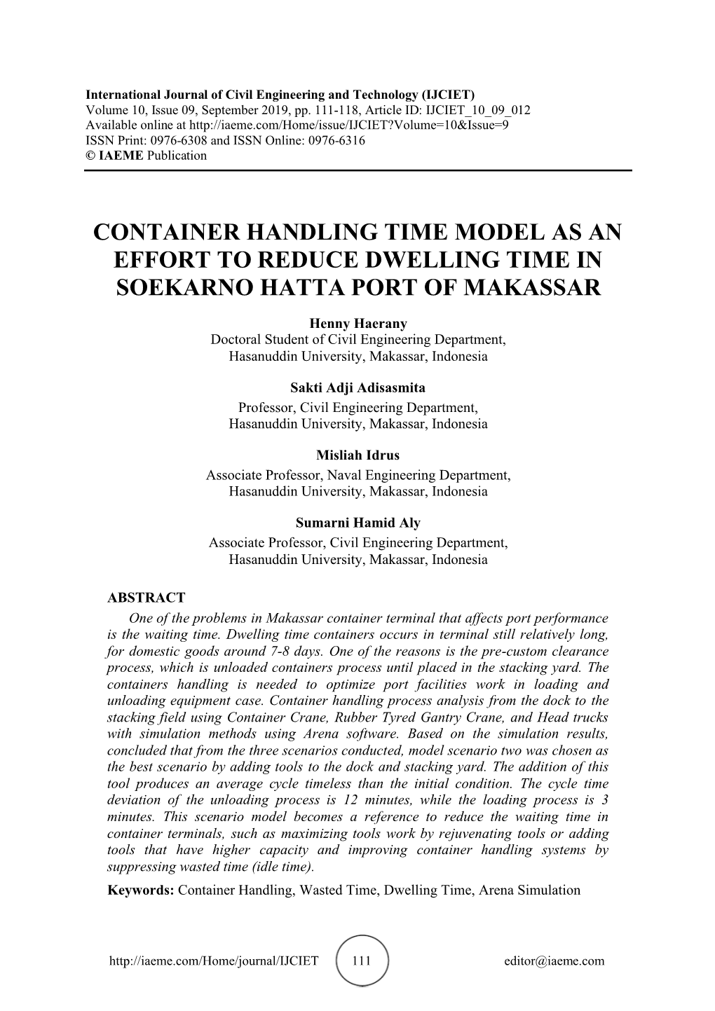 Container Handling Time Model As an Effort to Reduce Dwelling Time in Soekarno Hatta Port of Makassar