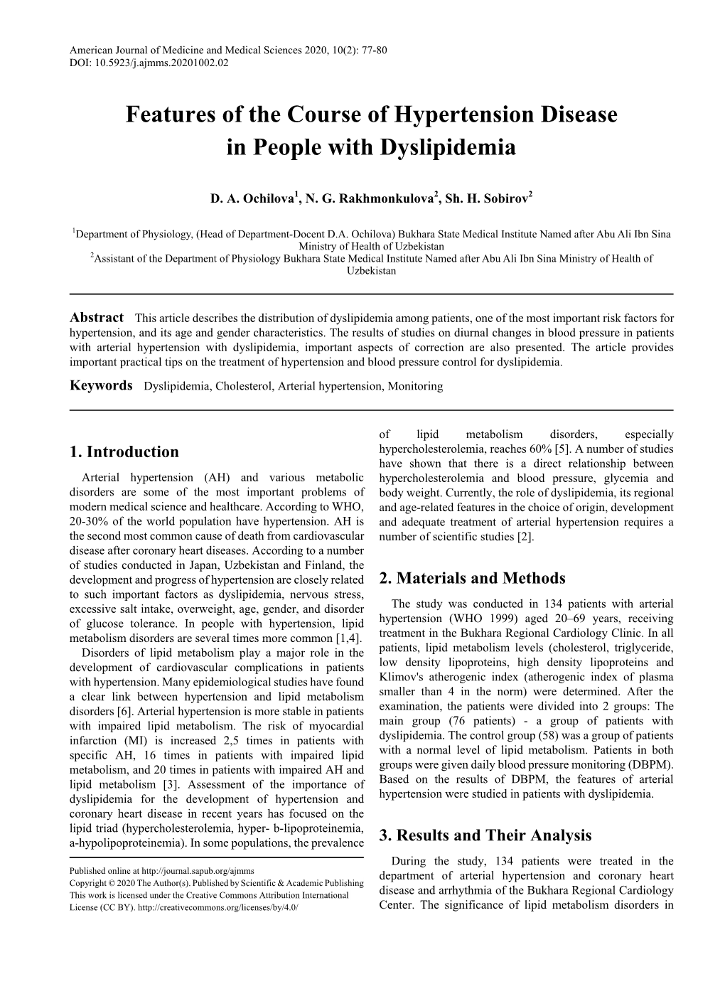 Dyslipidemia, Cholesterol, Arterial Hypertension, Monitoring