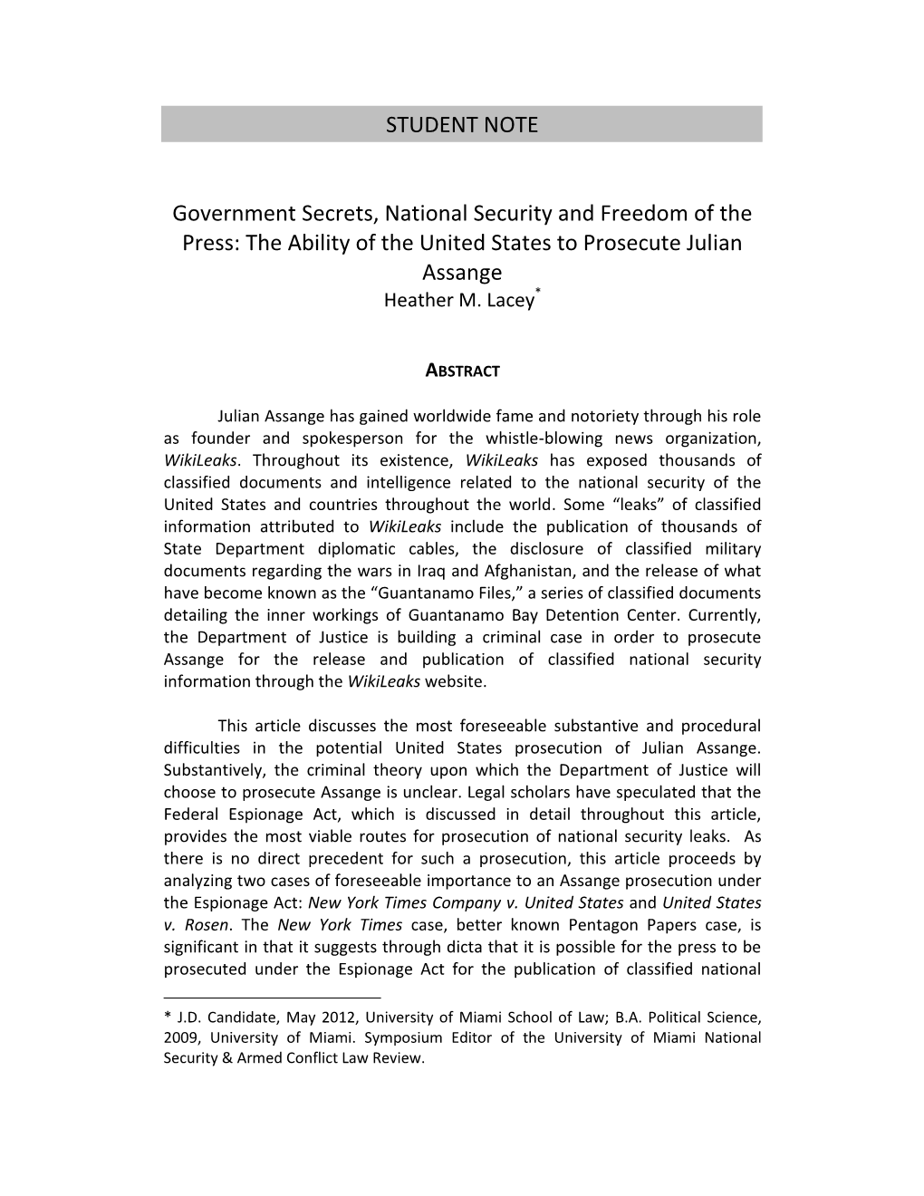 STUDENT NOTE Government Secrets, National Security and Freedom Of