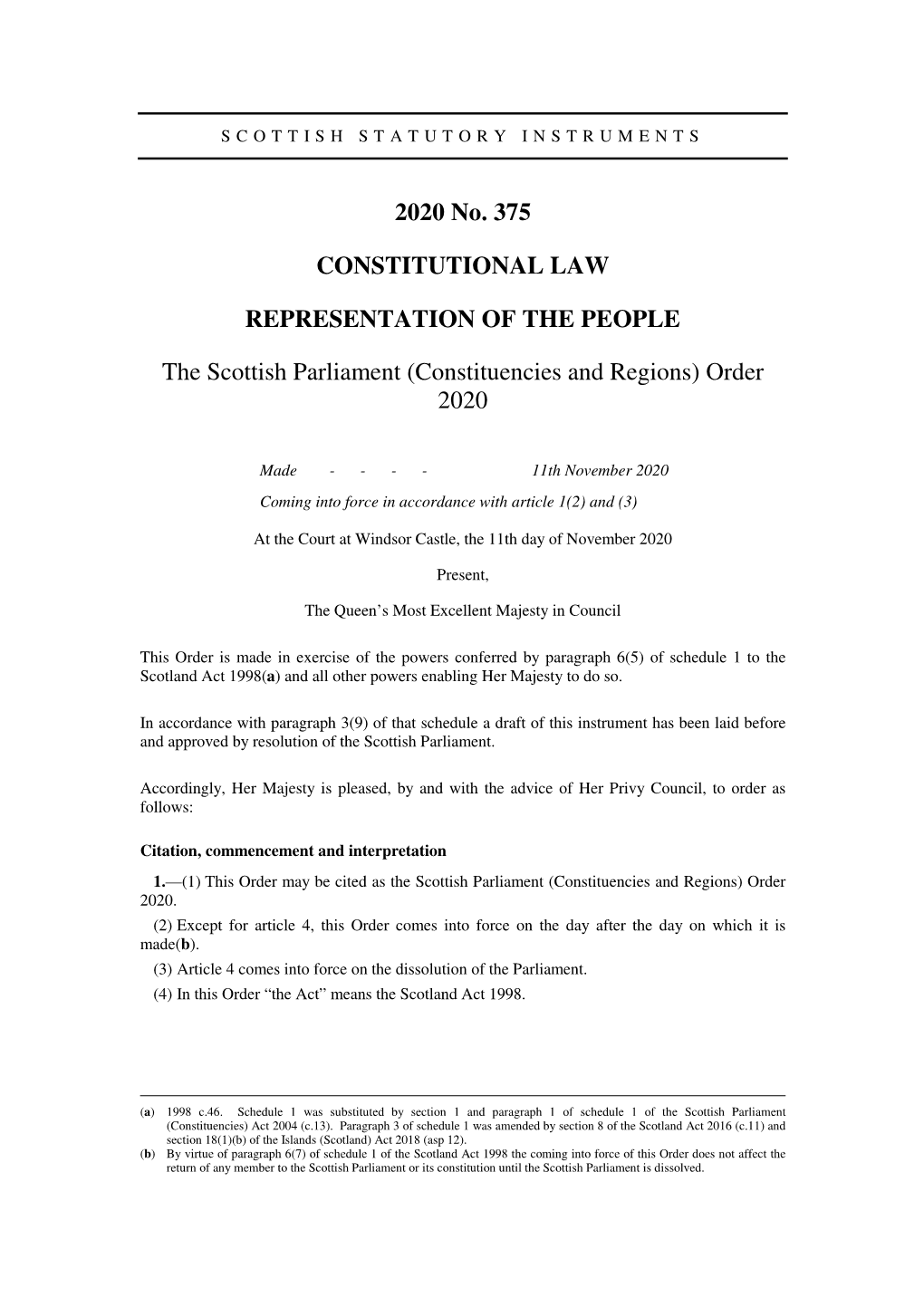 The Scottish Parliament (Constituencies and Regions) Order 2020