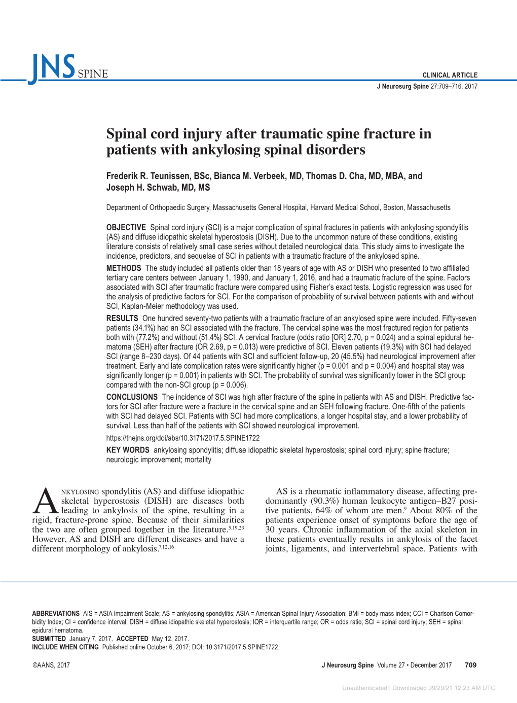 Spinal Cord Injury After Traumatic Spine Fracture in Patients with Ankylosing Spinal Disorders