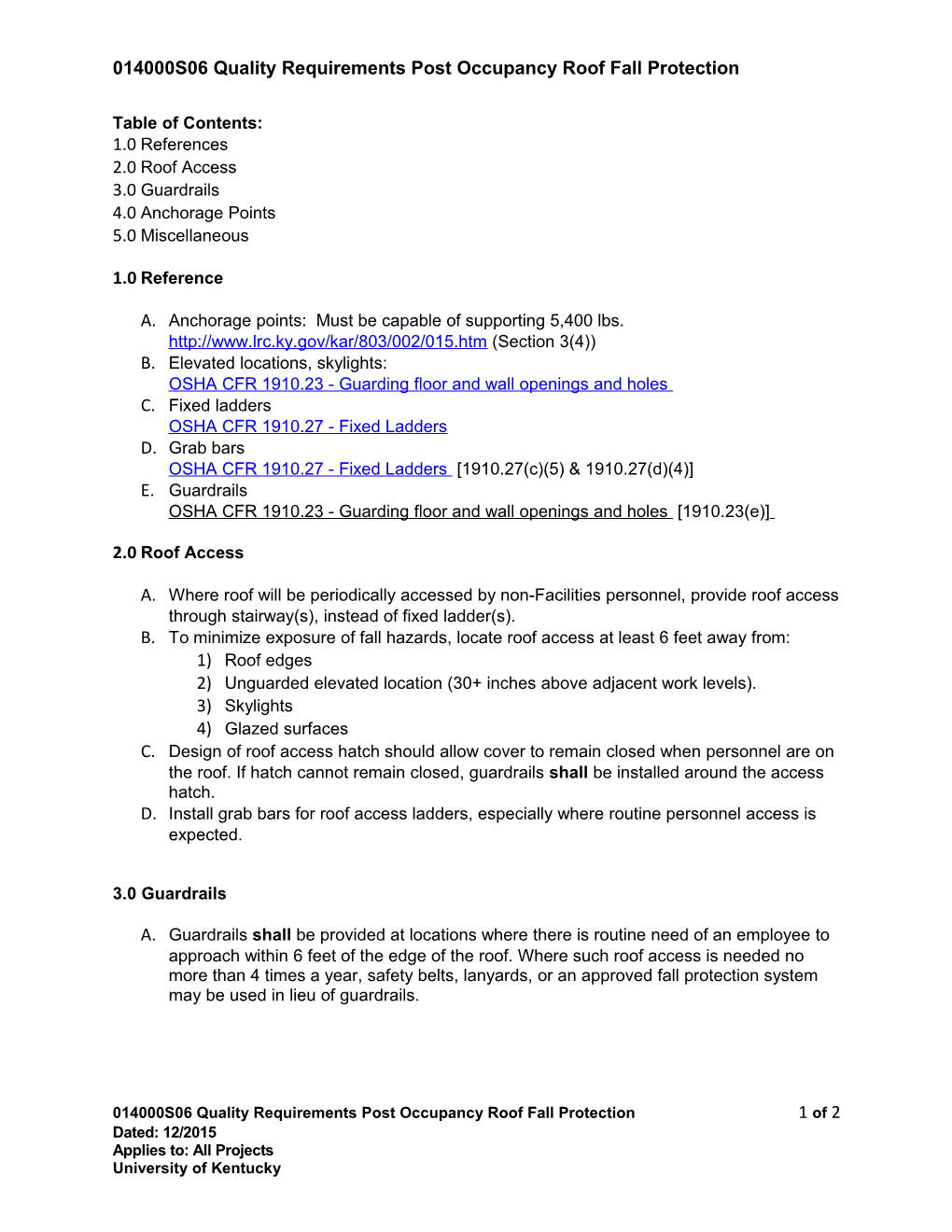 014000S06 Quality Requirements Post Occupancy Roof Fall Protection