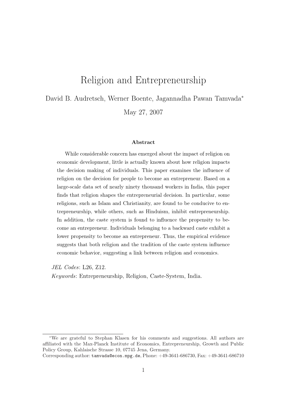 Religion and Entrepreneurship