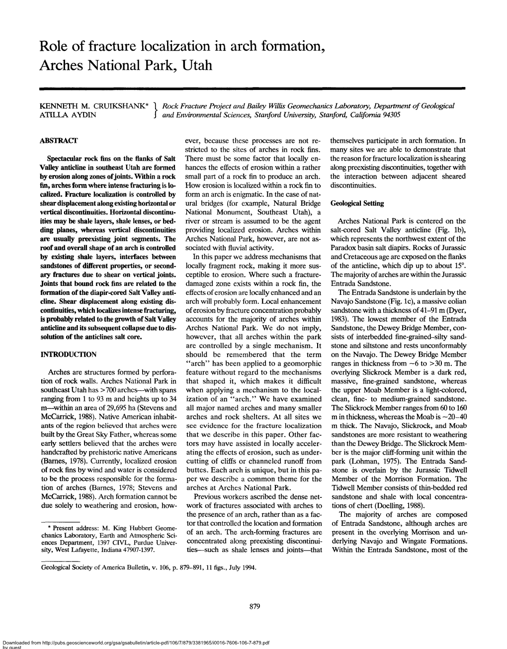 Role of Fracture Localization in Arch Formation, Arches National Park, Utah