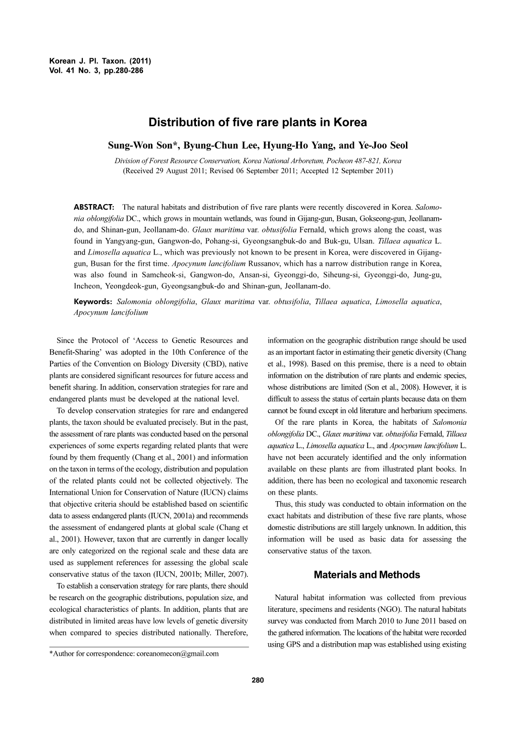Distribution of Five Rare Plants in Korea