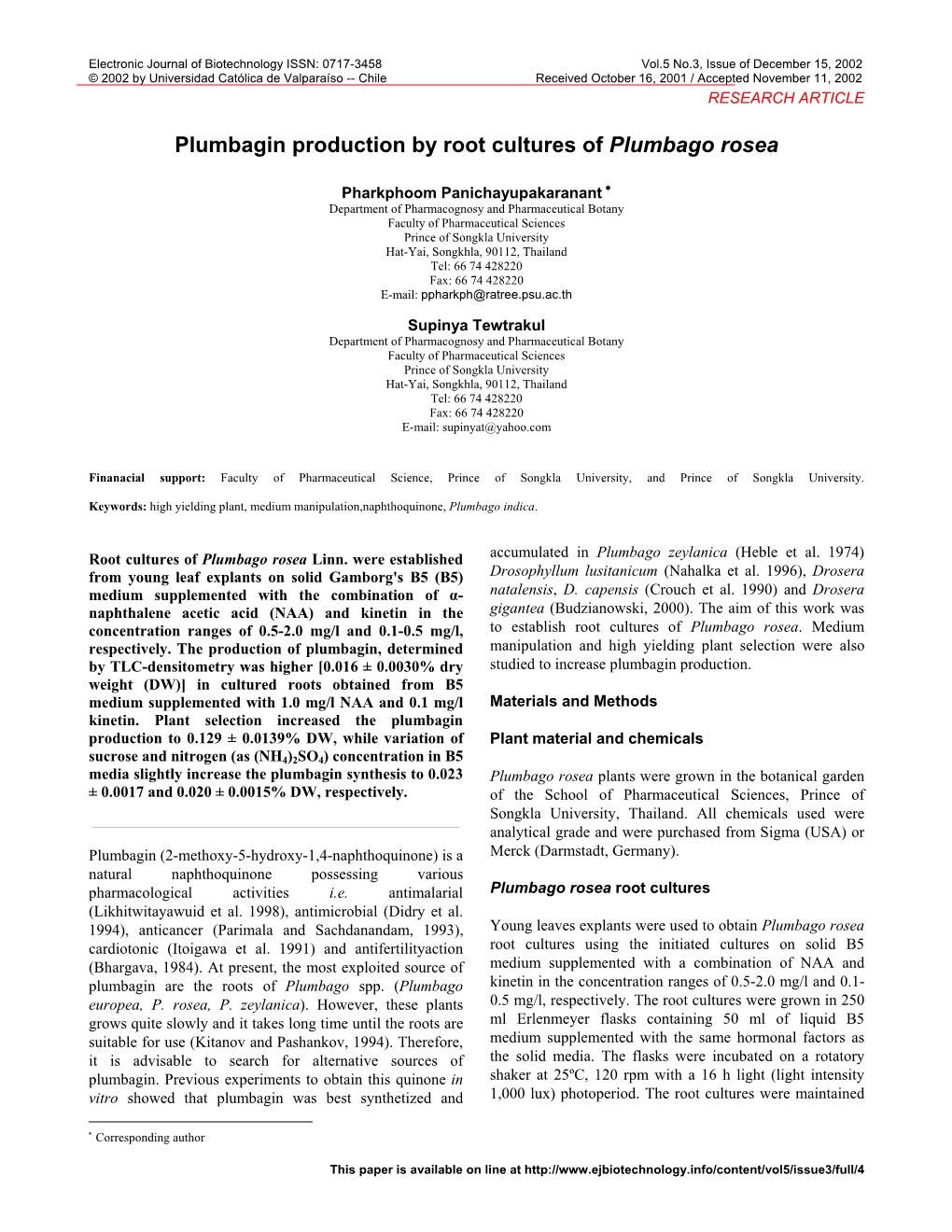 Plumbagin Production by Root Cultures of Plumbago Rosea