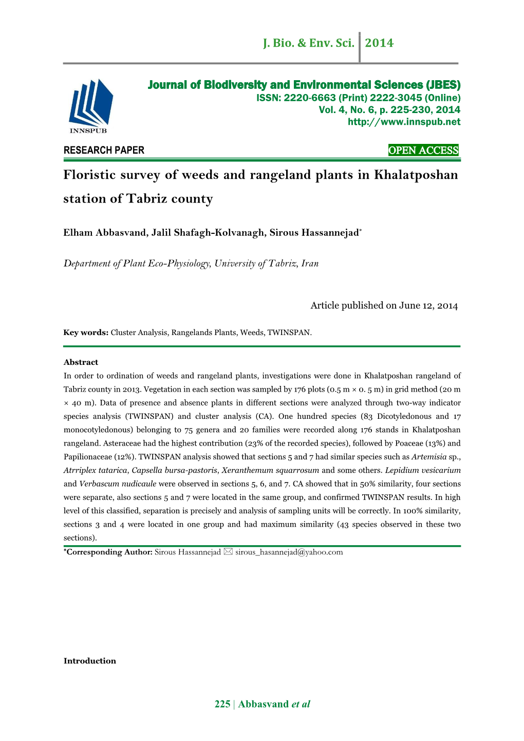 Floristic Survey of Weeds and Rangeland Plants in Khalatposhan Station of Tabriz County