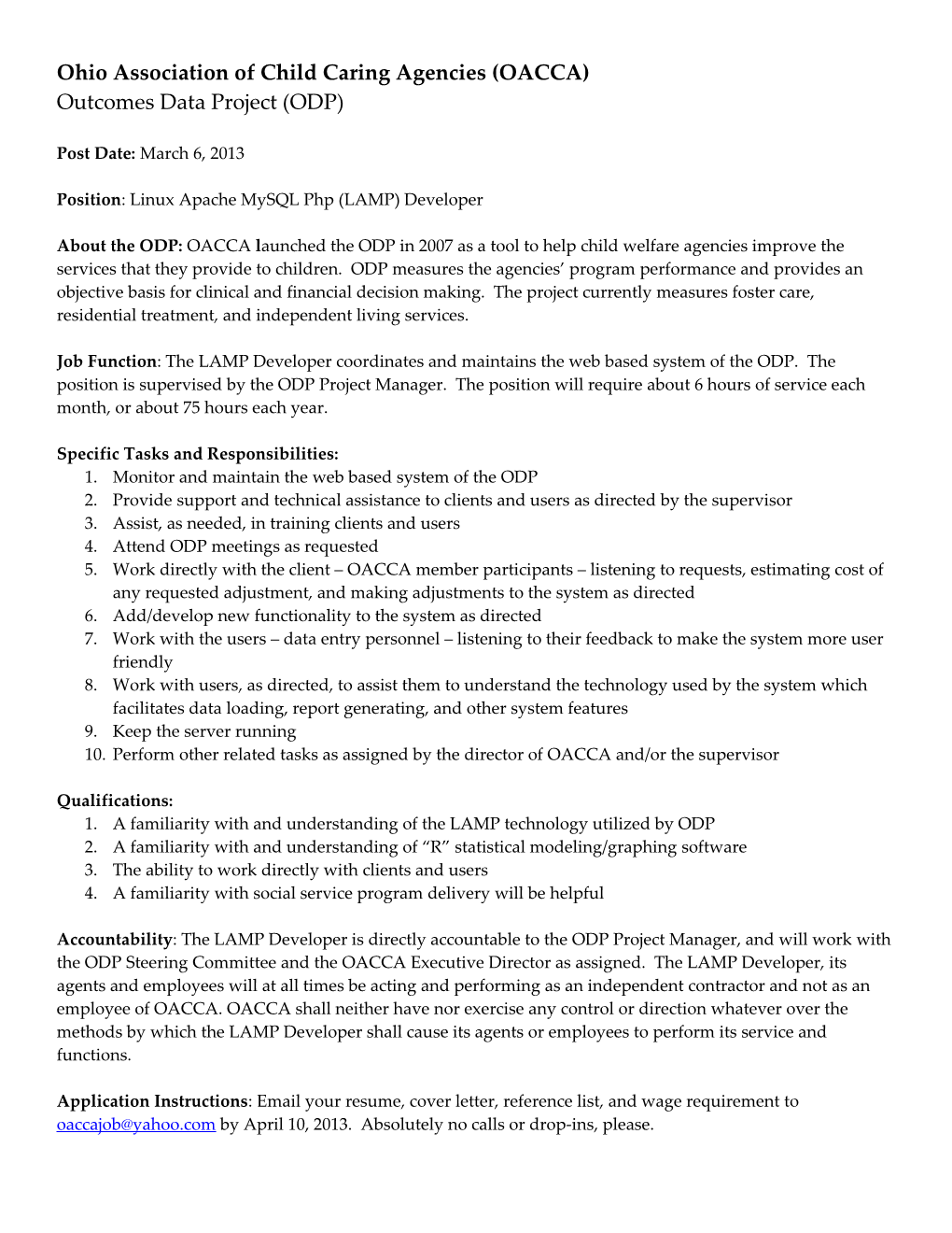 Outcomes Data Project (ODP) Job Description