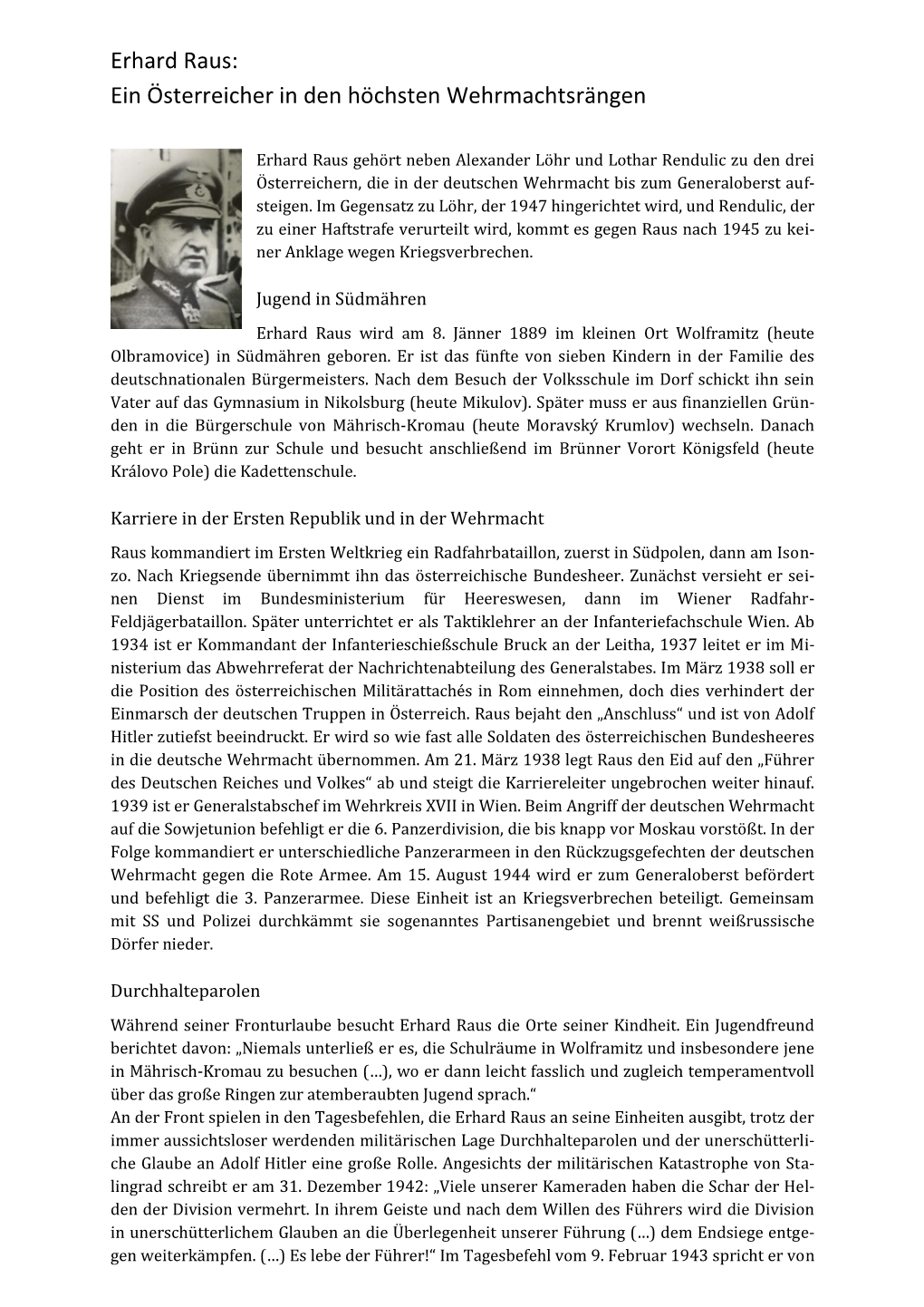 Erhard Raus: Ein Österreicher in Den Höchsten Wehrmachtsrängen