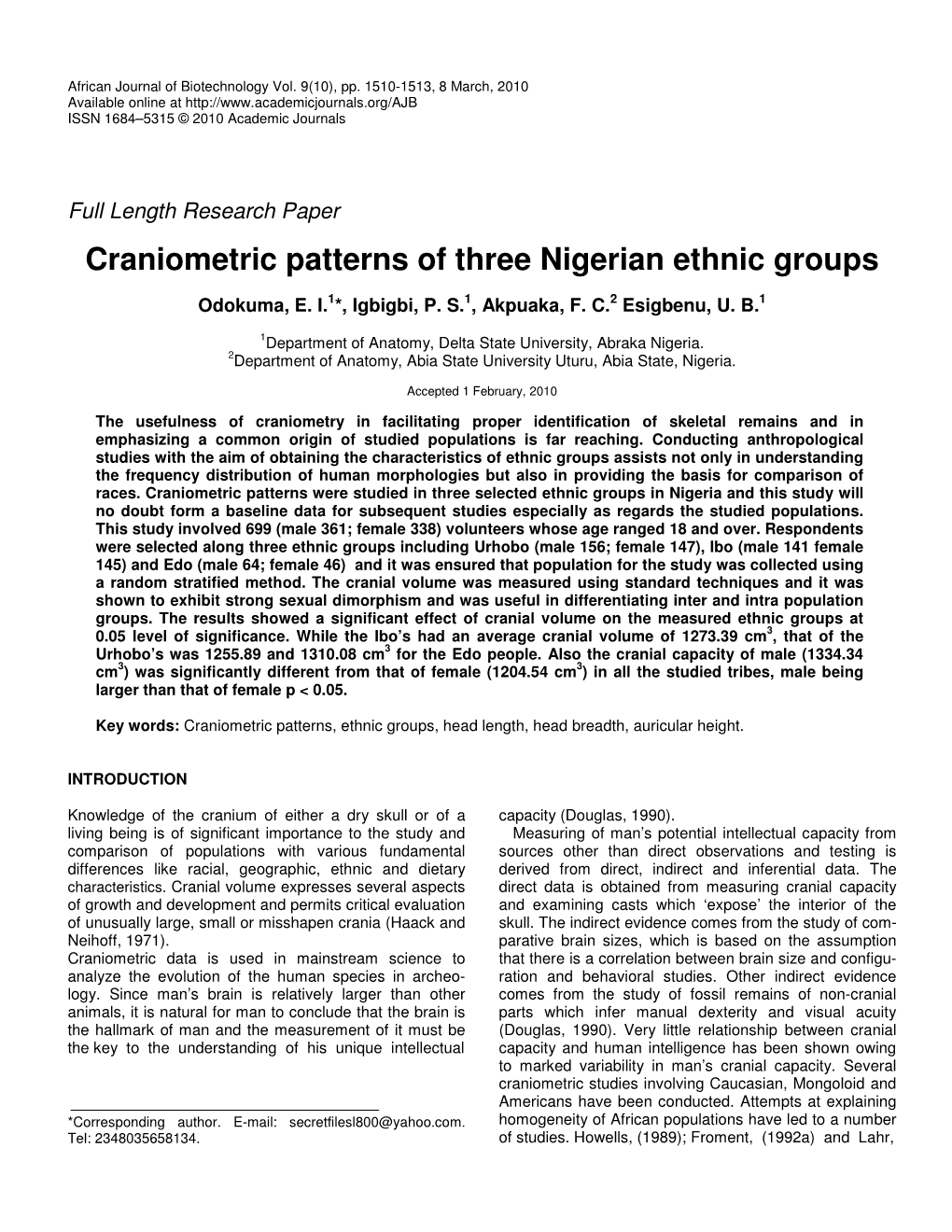 Craniometric Patterns of Three Nigerian Ethnic Groups