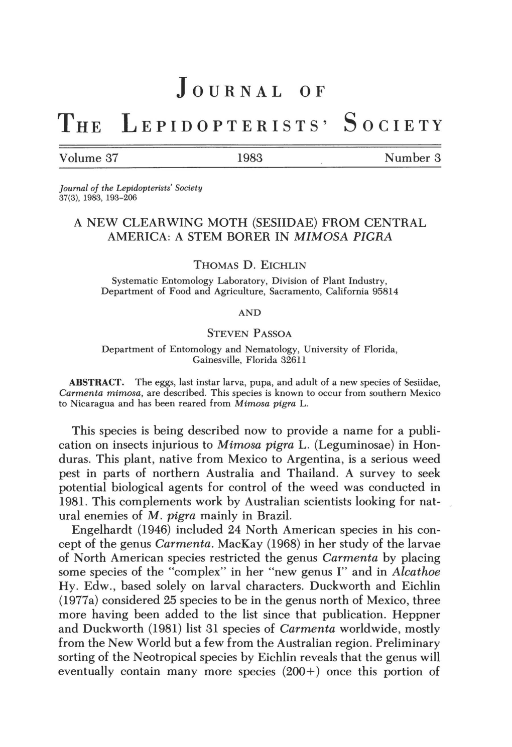 Journal of the Lepidopterists' Society 37(3), 1983, 193-206