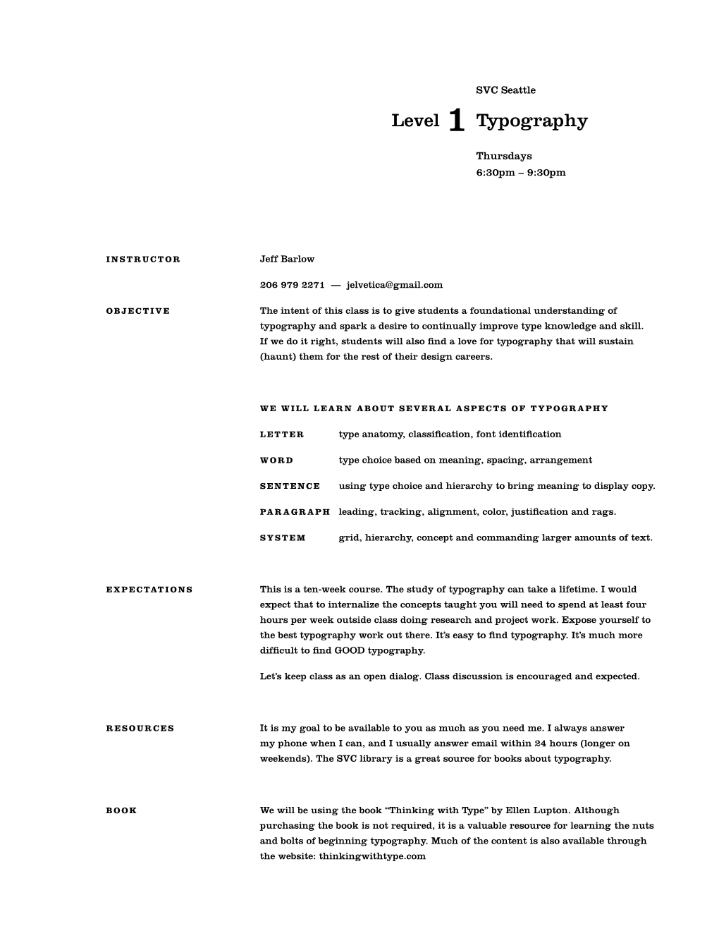 Level 1 Typography Course Outline