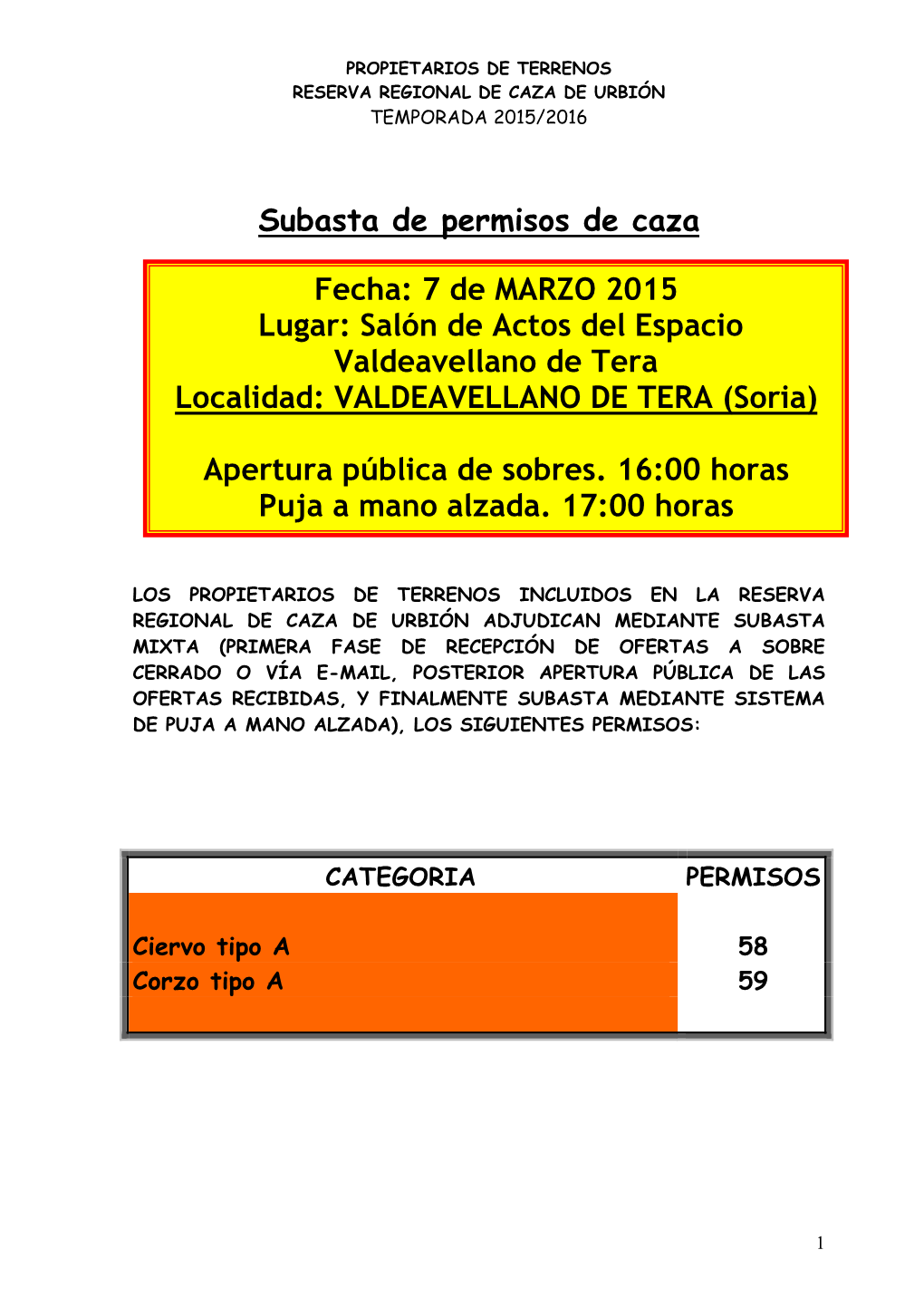 Pliego De Condiciones Para La Subasta 2015-16 En Valdeavellano