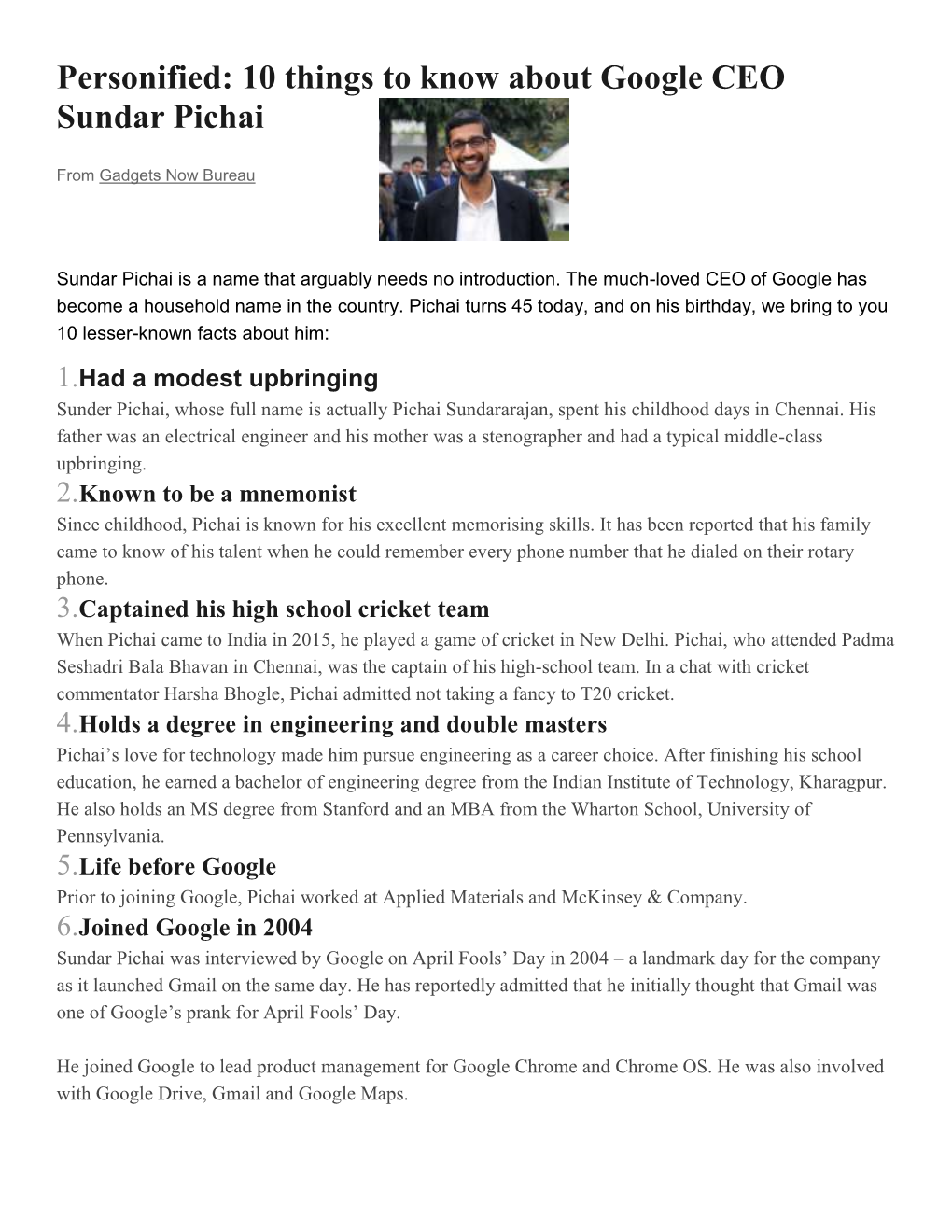 10 Things to Know About Google CEO Sundar Pichai