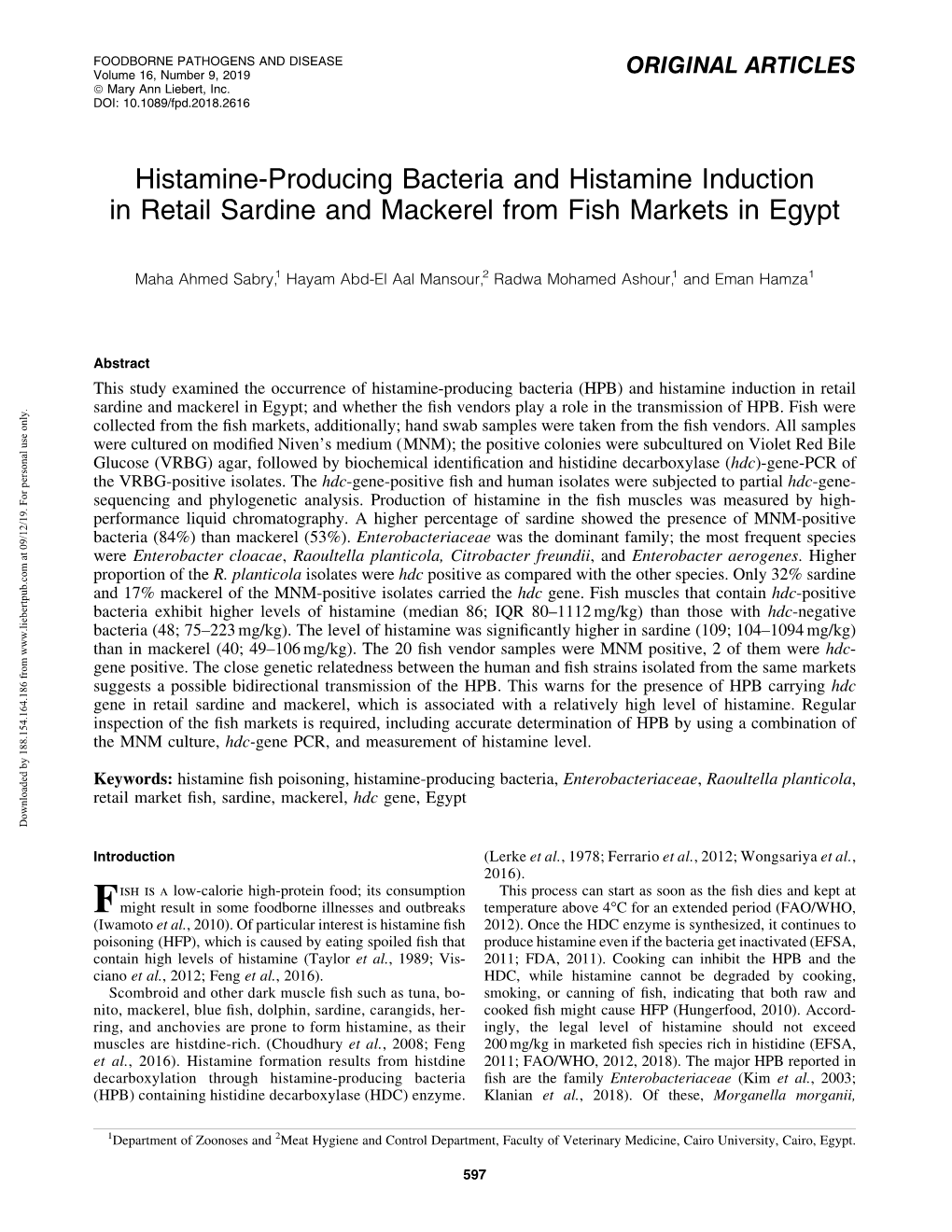 Histamine-Producing Bacteria and Histamine Induction in Retail Sardine and Mackerel from Fish Markets in Egypt