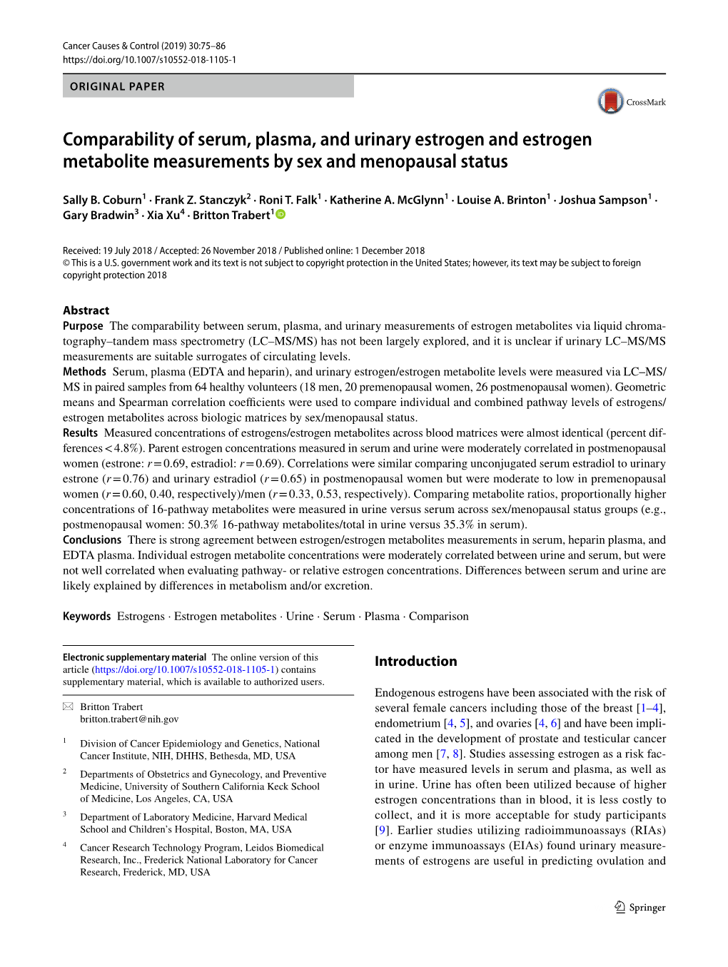 Comparability of Serum, Plasma, and Urinary Estrogen and Estrogen Metabolite Measurements by Sex and Menopausal Status