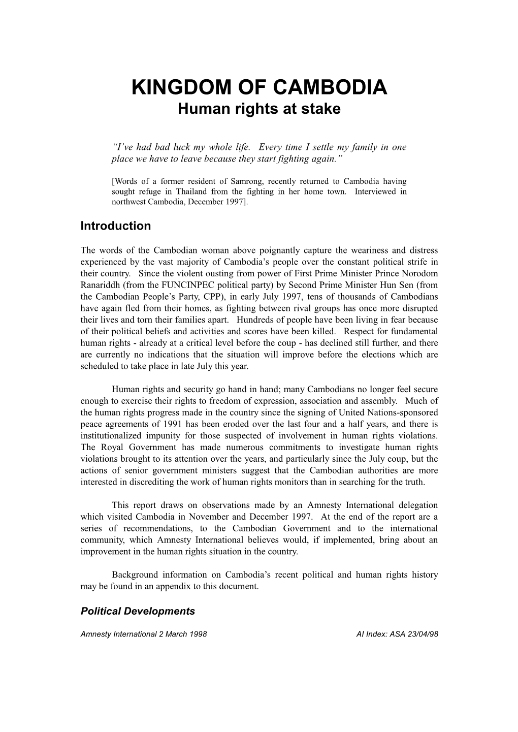 KINGDOM of CAMBODIA Human Rights at Stake